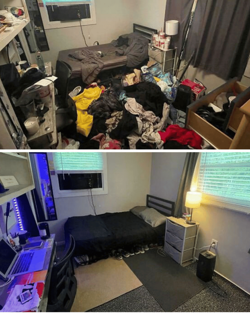 Vorher-Nachher-Vergleich einer Zimmer-Entrümpelung und Reinigung in Lörrach